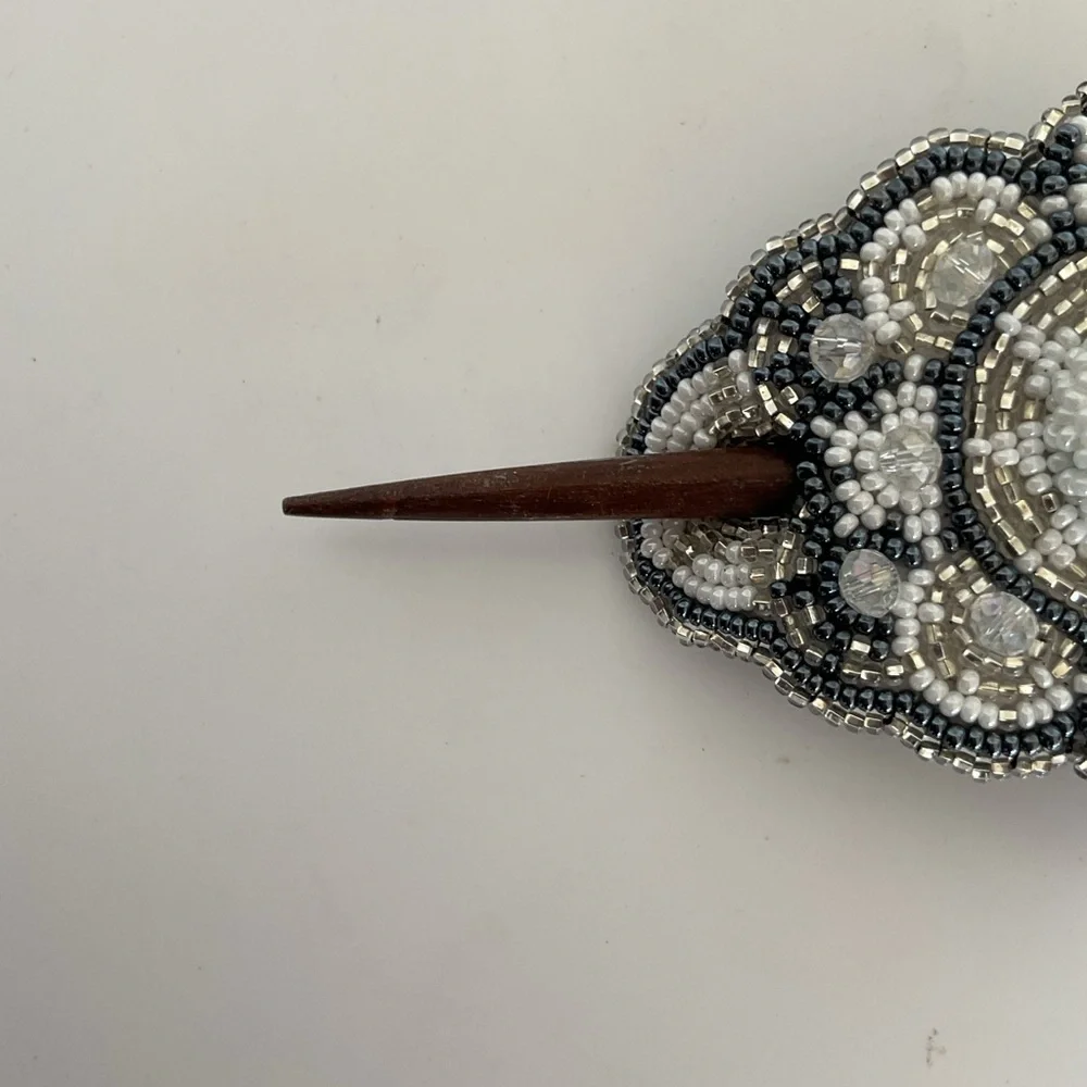 Artisan Beaded Wood Stick Hair Barrette. NWOT